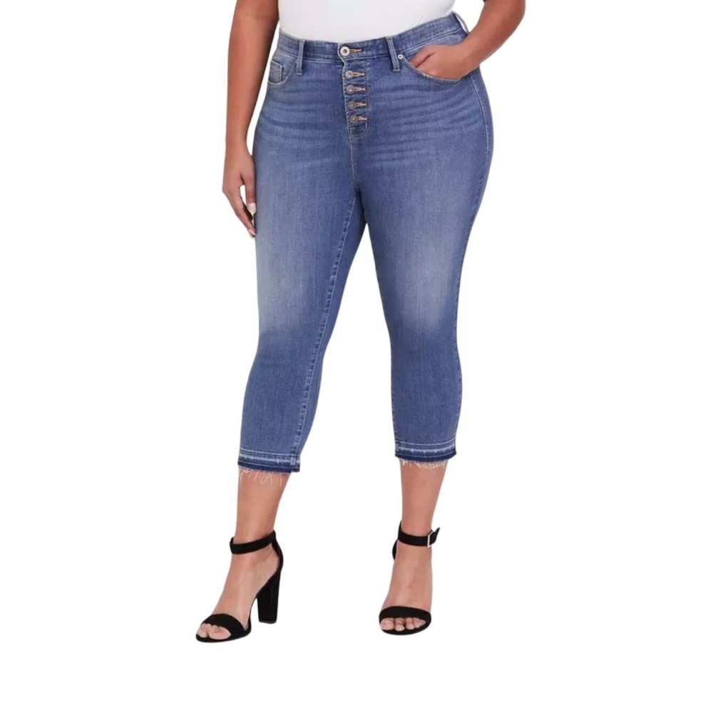 Torrid Sky High Skinny Crop Jeans 24 Medium Wash Button Fly Raw Hem New